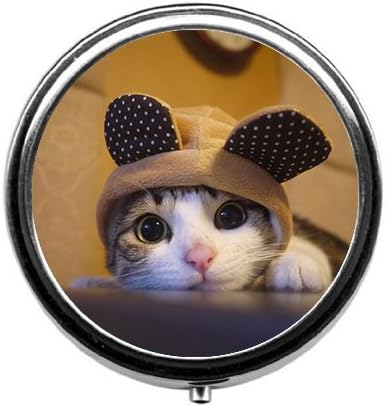Qien BaiSei A Cute Little Kitten with a hat Pill Box/Pill Case-Round Pill Box/Case- Three-Compartment Pill Box/Pill Case