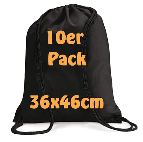 Cottonbagjoe Moderner Turnbeutel Baumwollrucksack Stoffbeutel mit Kordelzug Rucksackbeutel schwarz 36x46cm 10 Beutel
