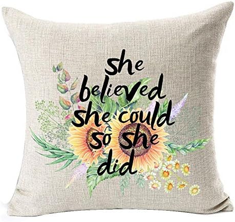 UTF4C European Pastoral Watercolor Yellow Sunflower Funny Inspirational Sayings She Believed She Could So She Did Cotton Linen Throw Pillow Case Cushion Cover NEW Home Decorative Square 18X18 Inches