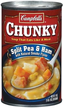 Campbell's chunky soup Water cooked split peas, potatoes, carrots, cooked ham-Water added (cured w/Water, salt, sugar, sodium (051000005649)