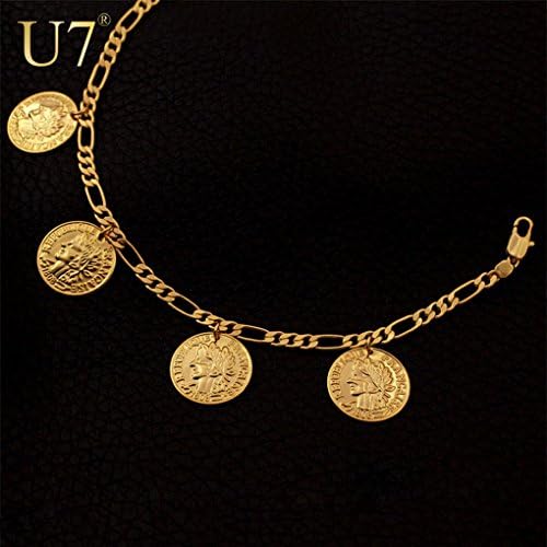 Rainy Jewel :France Coin Charm Bracelets Fashion 18K Real Gold Plated Vintage Figaro Chain Bracelets &amp; Bangles / Men Jewelry H377