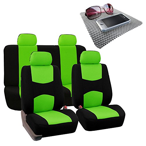 FH Group Bright Flat Cloth Full Set Car Seat Covers, Green/Black w. Free GIFT - Fit Most Car, Truck, Suv, or Van