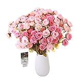 CHANZON Artificial Flower Rose Bouquet (Not include Vase, 2 Bunches 94-96 Small Pink Heads) Fake Plastic Fabric Silk Arrangement for Home Decor Wedding Table Decoration