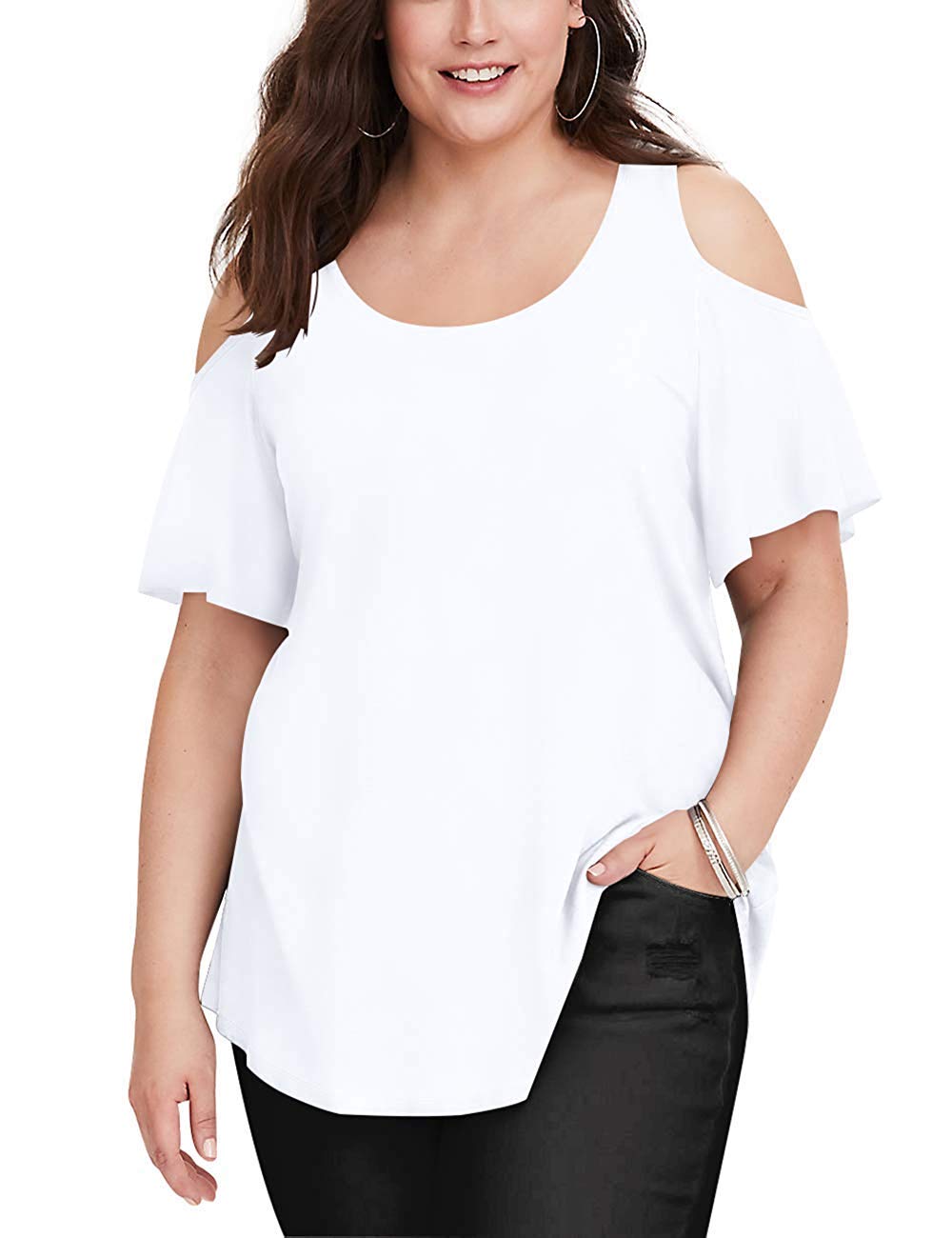 Womens Plus Size Tops Short Sleeve V Neck Cold Shoulder T Shirts for Teens Ladies White