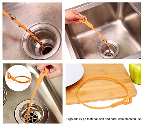5 Pack Drain Clog Remover, Plastic Drain Snake Hair, Multi-tooth Drain Cleaning Tool, 20Inch Drain Cleaner Removal, Sink Bathtub Tube Hook Catcher with 2pcs Color Random Drain Plugs