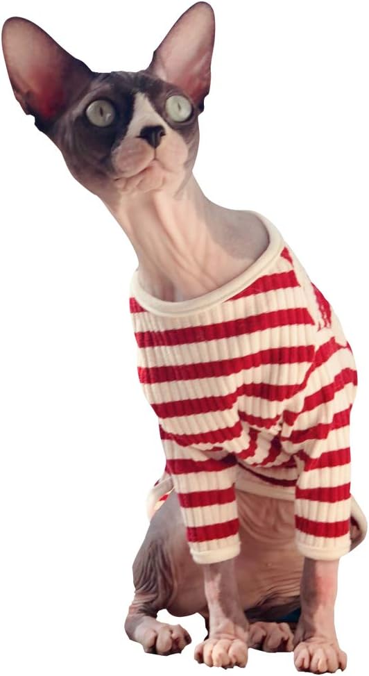 DENTRUN Hairless Cats Shirt Cat Wear Clothes Stripe Vest Best Hairless Cat's Adorable Clothes Cat's Pajamas Jumpsuit for All Season, Soft & Skin-Friendly