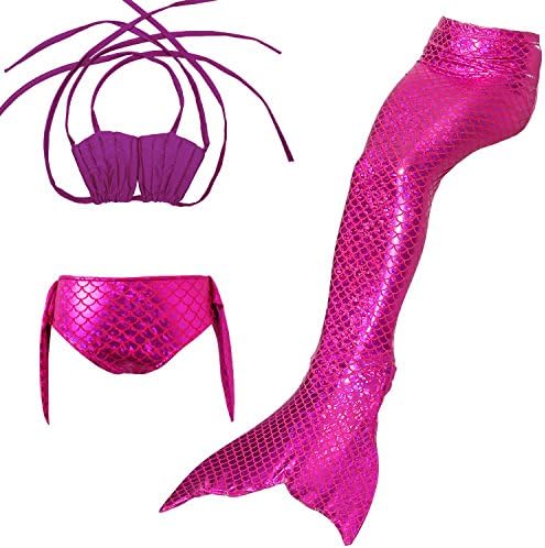 HBMaida Girls Sparkle Mermaid Tail with Monofin Swimmable Tail Swimsuit 3PCS Sets