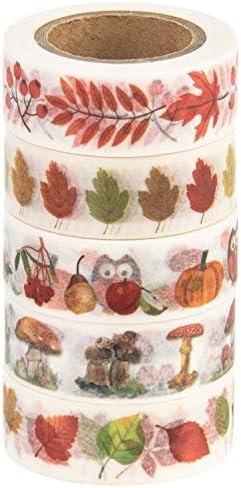 Washi Tape (Japanese Masking Tape) by MIKOKA, 0.6 Inches Wide, 32.8 Feet Long, Set of 5 - Autumn