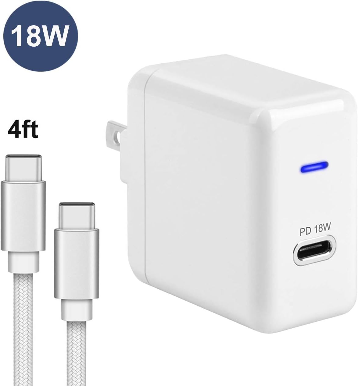 18W USB C Charger, PD Wall Charger with 4FT USB C Cable, Quick Wall Charger Compatible for iPhone, Samsung, Google Pixel, iPad Pro and More (White)