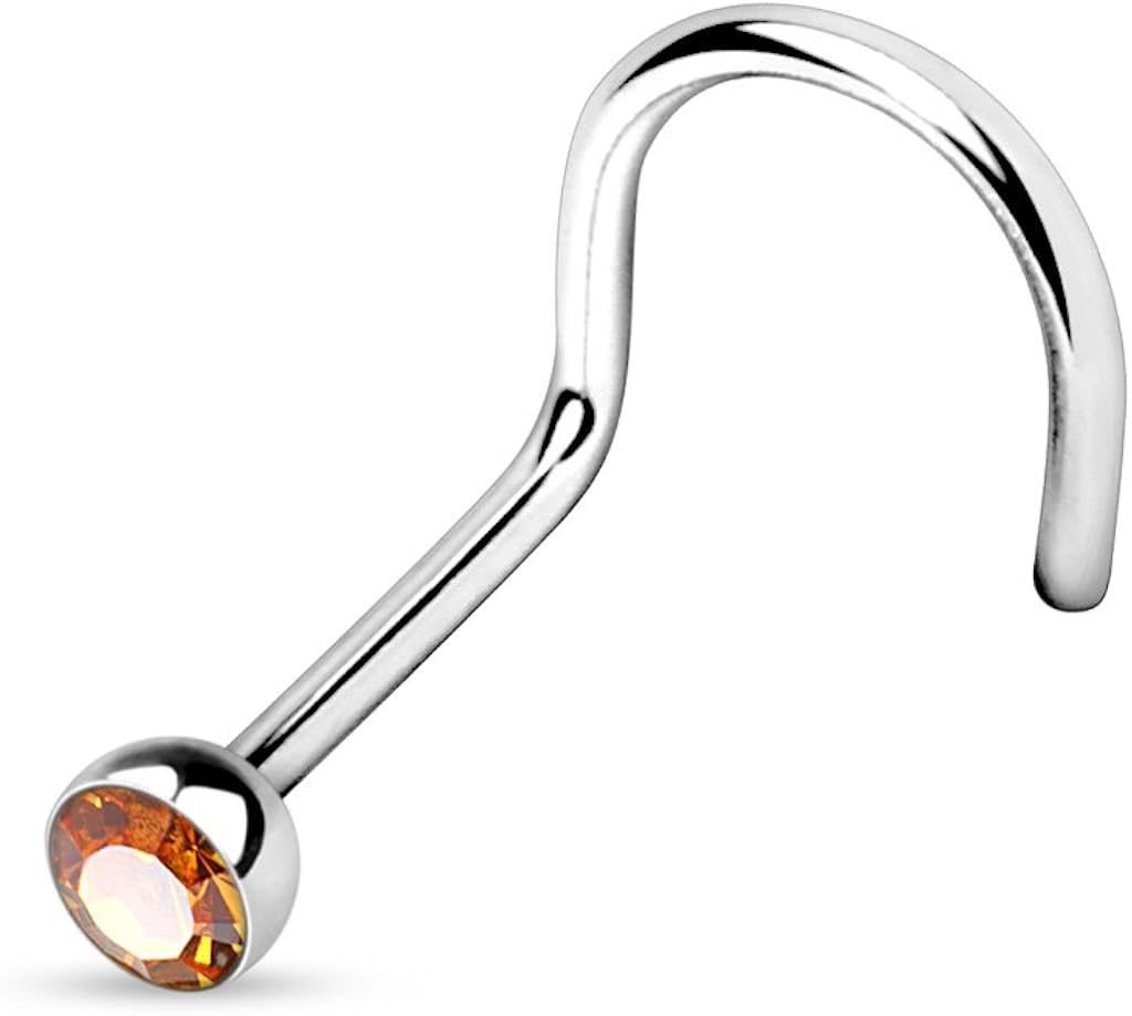 PiercedOff 316L Surgical Steel Nose Screw with Topaz CZ Gem - Thickness 18GA (1mm) / Length 6mm / Gem Size 2.5mm