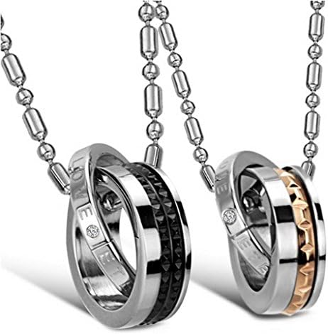 Jewelry Titanium Stainless Steel Couple's Fashion Necklace Cubic Zirconia Neckwear Chains 2 Rings Kinked Pendants Necklets 1 Pair