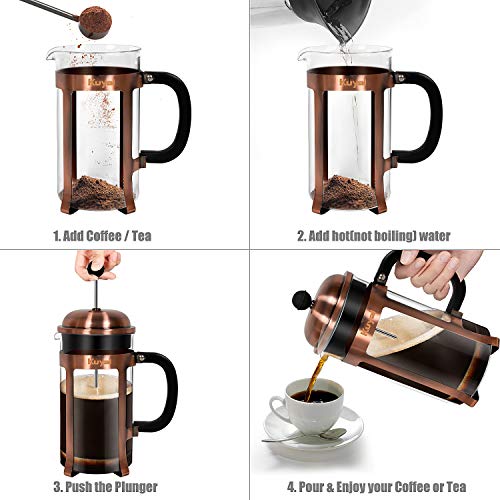 Glass French Press Coffee Maker (34 oz, about 8 cups), 1000 ml Stainless Steel Coffee Press with 3 Extra Filter Screens, Borosilicate Glass with Heat Resistant Handle