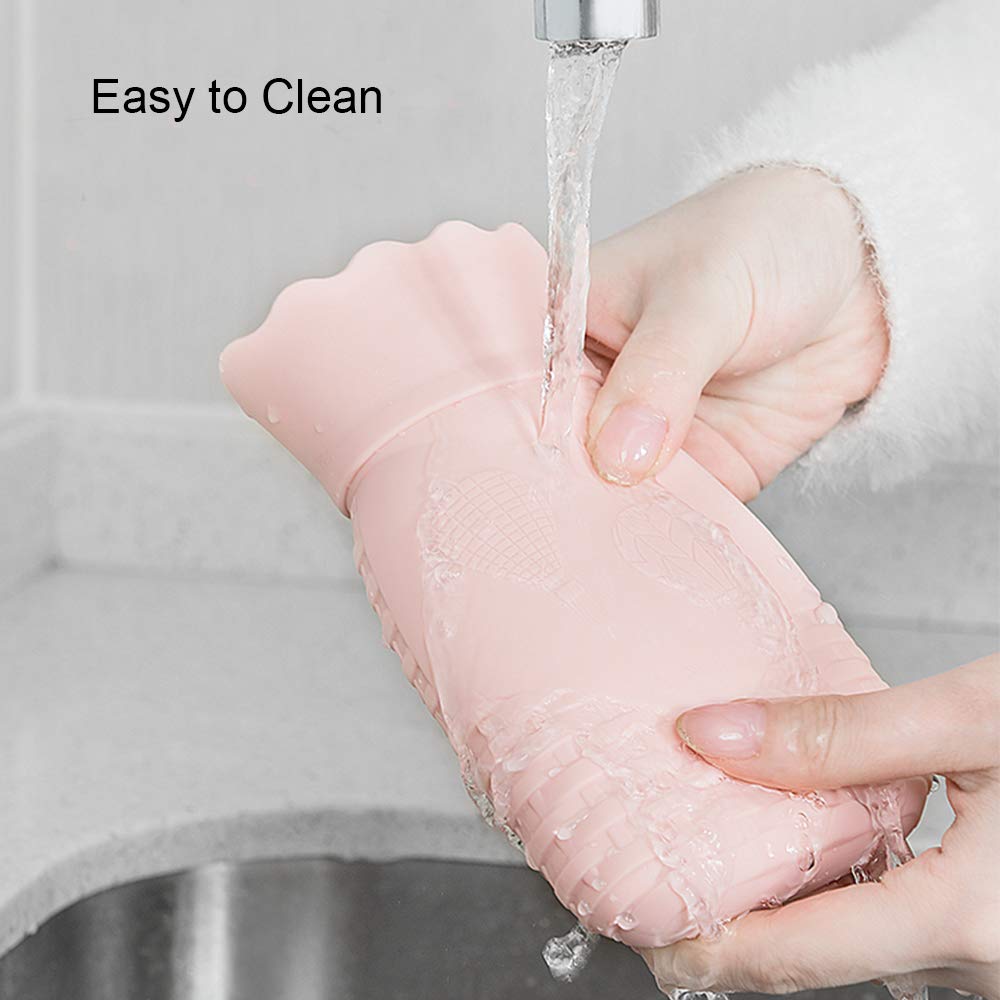 Silicone Hot Water Bottle with Removable Soft Knitted Cover Silicone BPA Free Hot Water Bag Hot Cold Therapy for Birthday, Christmas, Valentine\'s Day, Gift Exchange Party (Pink)