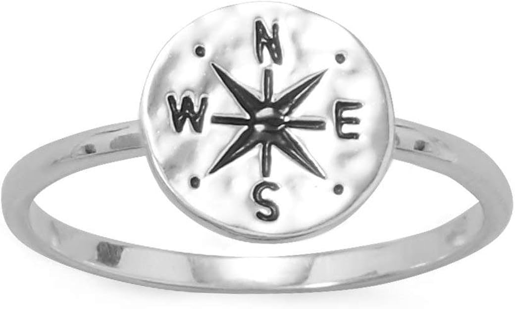 Nautical Compass Ring Hammered Finish Disk Sterling Silver