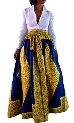 EnlaChic Women African Print Plus Size High Waist Ankara Maxi Skirt,Yellow,XXL