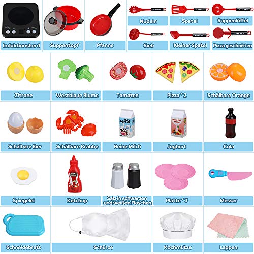 Anpro 32 STK Küchenspielzeug Kinderküchen Spielzeugset, Kochgeschirr Töpfe und Pfannen Set, Obst Gemüse Lebensmittel… – Bild 5