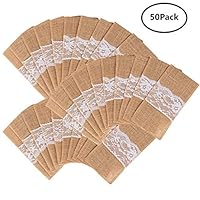 handrong 50Pcs Natural Burlap Lace Silverware Napkin Holder Knife Fork Cutlery Pouch 4 x 8 Inch Tableware Utensils Bag for Rustic Wedding Party Bridal Baby Shower Christmas Favor Decorations Gifts