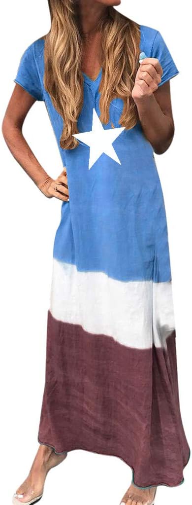 2019 New Womens Casual Breathable Loose Soft Long Dress,Outdoor Tie-Dyed Block Loose V Neck Short Sleeve Maxi Linen Dress