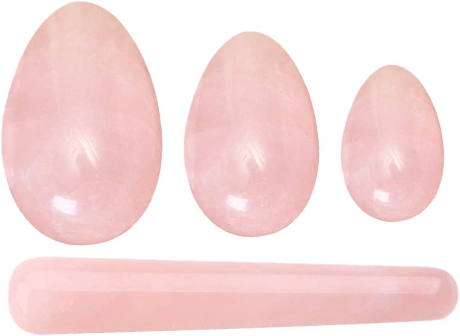 Naliovker Eggs Stick, 3 Pcs Drilled Natural Rose Crystal Quartz Jade Eggs + 1 Pcs Massage Stick for Kegel Exercise 4Pcs…