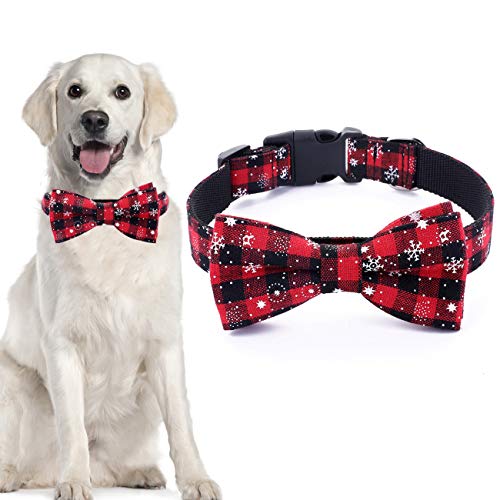 Malier Christmas Dog Collar and Bow tie with Classic Snowflake Pattern, Adorable Collar with Light Release Buckle Pet Accessories for Puppy Dogs Cats Pets - S