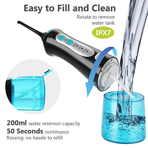Cordless Water Flosser, Cozzine Dental Water flosser, Portable Rechargeable Electric Flosser for Home, Travel, Adults, Kids & Braces (IPX7 Waterproof, 2 Tips, 3 Water Pressure Modes & 200ml Capacity)