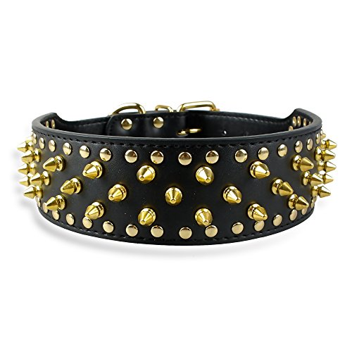 Berry Pet Black Leather with Golden Spikes Studded Medium & Large Dog Collar & Leash & Harness 3 Pcs Set for Pitbull Boxer, Black 17-20" - Thumbnail 3