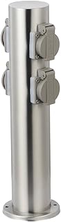 Grafner Edelstahl Design Gartensteckdose mit 4 Steckdosen, IP44, rund, Klarlack-Beschichtung, Energiesäule Mehrfachsteckdose Outdoor Metall Außensteckdose 4-fach