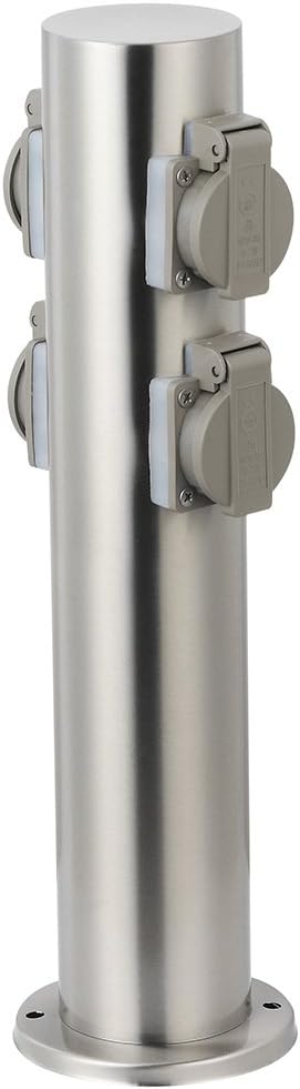 Grafner Edelstahl Design Gartensteckdose mit 4 Steckdosen, IP44, rund, Klarlack-Beschichtung, Energiesäule Mehrfachsteckdose Outdoor Metall Außensteckdose 4-fach
