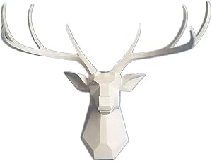 Deer Head Wall Decor - Faux Taxidermy Animal Head Wall Art - Geometry Deer Head Home Decor,8 Point Buck Deer Head Bust Wall Hanging (White, 23.3''Wx21.3''H)