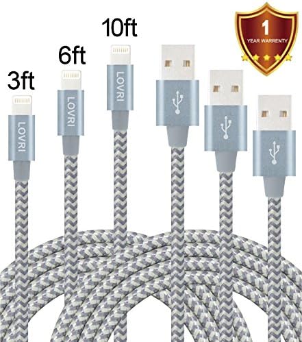 LOVRI 3Pack 3FT 6FT 10FT iPhone Nylon braided Lightning Cable USB Charging Cable Cord for iPhone 7/7plus/6s/6s plus/6plus/6/5s,iPad Mini, Air,iPad5,iPod,Compatible with iOS10. (gray)