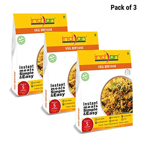 Indian Kitchen Foods Basmati Rice Pilaf with Vegetables (Veg. Biryani) - Freeze Dried Gluten-Free Gourmet Indian Entree Ready in 5 min Vegan Meal - Each Rehydrated, Pack of 3