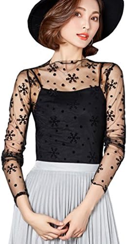 Waboats Ladies Long Sleeve Sheer See Through Blouse Black Lace Thin Tops Transparent T-Shirt