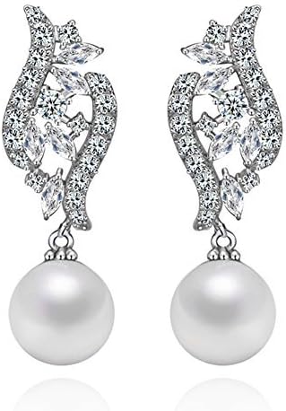 Hanie Drop Dangle Earrings Simulated Pearl Flower Chandeliar Earings Silver Tone with White AAA Cubic Zirconia Wedding Bridal Jewellery Match with Evening Dress