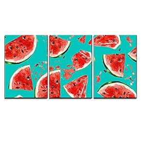 3 Piece Canvas Wall Art - Juicy Watermelon. Watercolor Seamless Pattern. - Modern Home Art Stretched and Framed Ready to Hang - 16"x24"x3 Panels