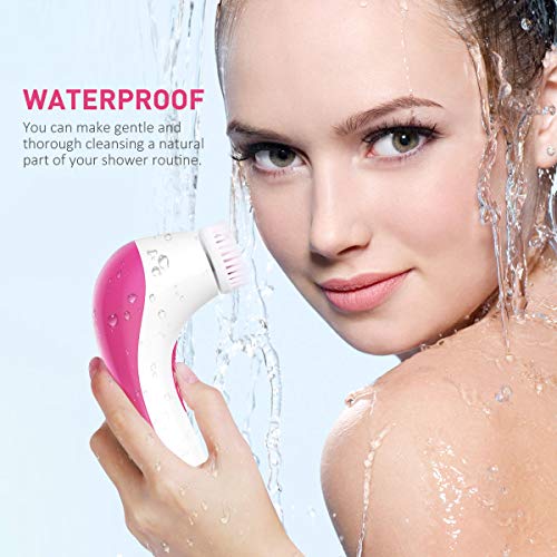 【2019 Upgraded】ETEREAUTY Facial Cleansing Brush, Waterproof Face Brush with 4 Brush Heads and a Protective Travel Case - Deep Cleansing, Gentle Exfoliating, Removing Blackhead for Face and Body, Pink