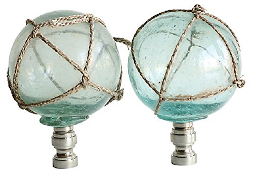Netted Aqua Glass Lamp Finials on Brushed Nickel Bases - A Pair