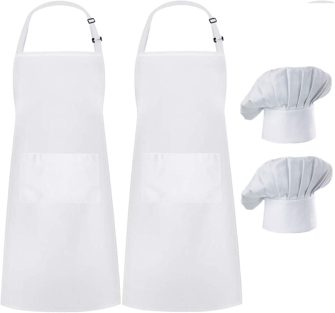 Hyzrz 2 Pack Apron Chef Hat Set, Adjustable Black Bib Cooking Aprons Water Drop Resistant Elastic Baker Kitchen Cooking Chef Cap Women Men Chef (White): Clothing