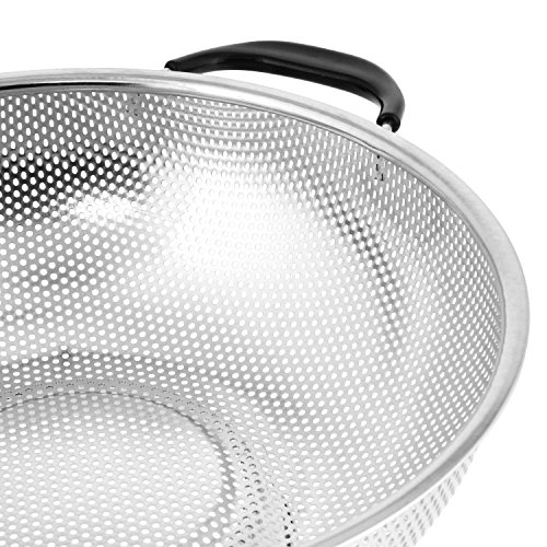 U.S. Kitchen Supply 5 Quart 11" Stainless Steel Micro Perforated Colander Strainer Basket with Coated Heat Resistant Wide Handles - Bowl to Strain, Drain, Rinse, Steam or Cook Vegetables & Pasta
