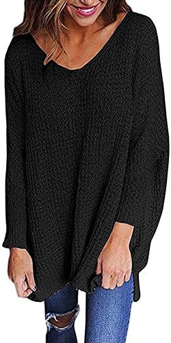 Qlassic Women's Long Sleeve V-Neck Slit Loose Top Oversized Knitted Sweater Pullovers