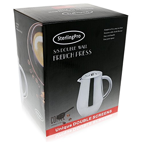 French Press Double-Wall Stainless Steel Mirror Finish (Euro) Coffee/Tea Maker: Double-Screen System 100% No Coffee Grounds Guarantee, 18/10 Stainless Steel, Rust-Free, Dishwasher Safe, 2 Bonus Screen - Thumbnail 7