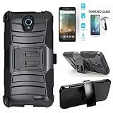 Tempered Glass Screen Protector with Rugged Hybrid Case Dual-Layered with Kick stand and Holster Belt Clip for ZTE Sonata 3 / Avid 828 / Avid Plus 4g LTE
