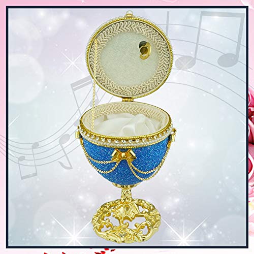 Matashi Blue-Ivory Eggshell Trinket Music Box "Fur Elise" with Crystals and Pearls Faberge Egg Table Top Ornament Decorative Gold Finish Home Decor for Living Room Bedrooms Gift for Christmas Birthday - Thumbnail 2