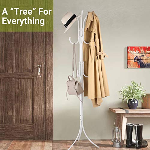 Cozzine Coat Rack Coat Tree Hat Hanger Holder 11 Hooks for Jacket Umbrella Tree Stand with Base Metal (White)