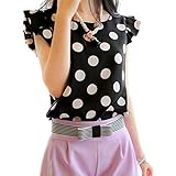 Shouhengda Women Chiffon Polka Dot Blouse Ruffle Sleeve Office Lady Shirts