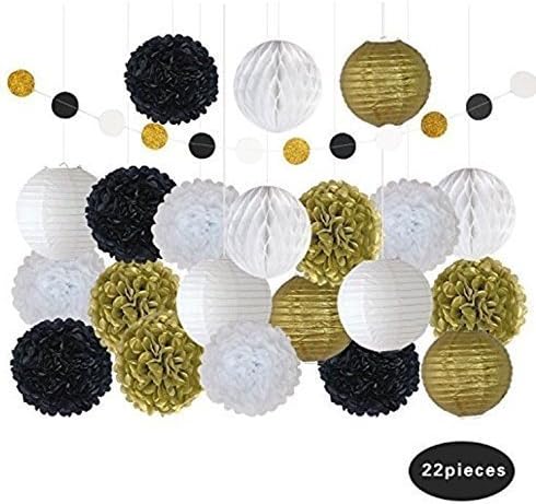 22 Pcs Black White Gold Decorative Paper Lanterns Tissue DIY Pom Poms Paper Flowers Birthday Party Decorations Room Decor Wedding Baby Shower Decorations Outdoor Hanging Decor Decorative Balls By Gari