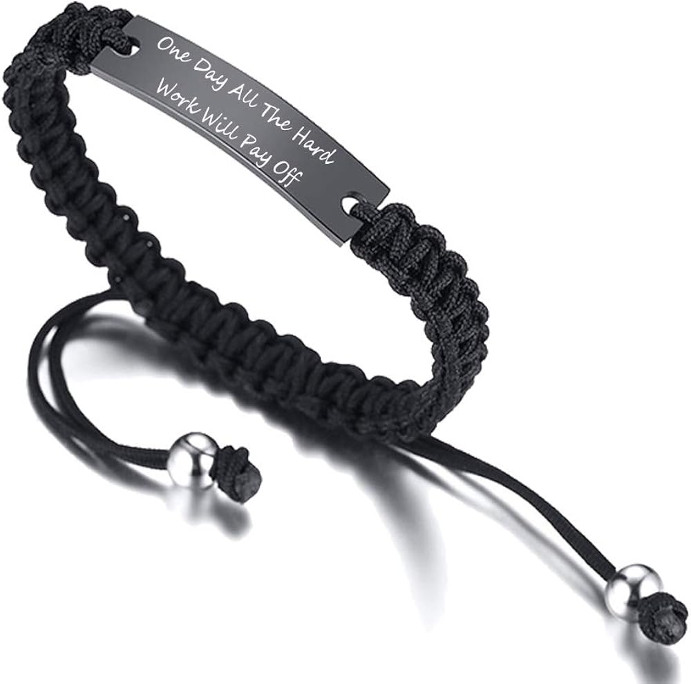 PJ JEWELLERY One Day All The Hard Work Will Pay Off Stainless Steel Inspirational Motivational Bracelet Handmade Braided Rope Wrist Bangle Inspirational Gifts for Women Men