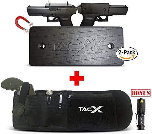 TacX Pro Gear 2 Pack Gun Magnet Mount + Belly Band Holster for Concealed Carry Bundle | Bonus: LED TacLight | IWB/OWB Waist Band Pistol Belt + Rubber Coated Magnetic Handgun Holder | Car, Truck, Desk