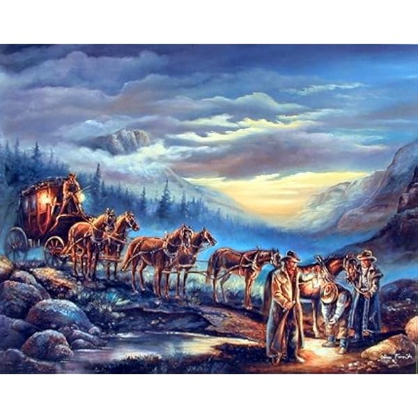 Amazon Com Western Cowboys Stagecoach With Horses Night Scene Bedroom Wall Decor Picture Art Print Poster 16x20 Posters Prints