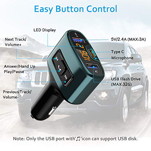 Bluetooth FM Transmitter, Comsoon Wireless Radio Adapter Receiver Car Kit with 18W USB Type-C Car Charger Port & 5V/2.4A Dual USB Ports, Support USB Flash Drive, Hands-Free Calling - Thumbnail 7