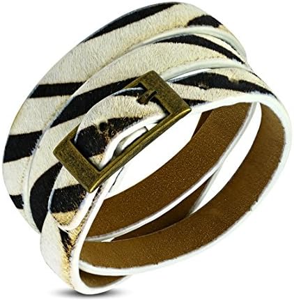 Fashion Zebra Print Flannel &amp; PU Leather Multi Wrap Belt Buckle Bracelet Length: 24"